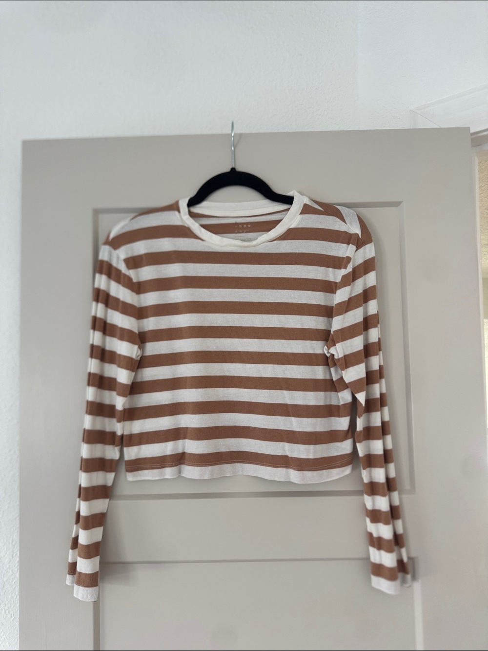 Striped Long Sleeve Crop Top — White & Tan SIZE XSMALL